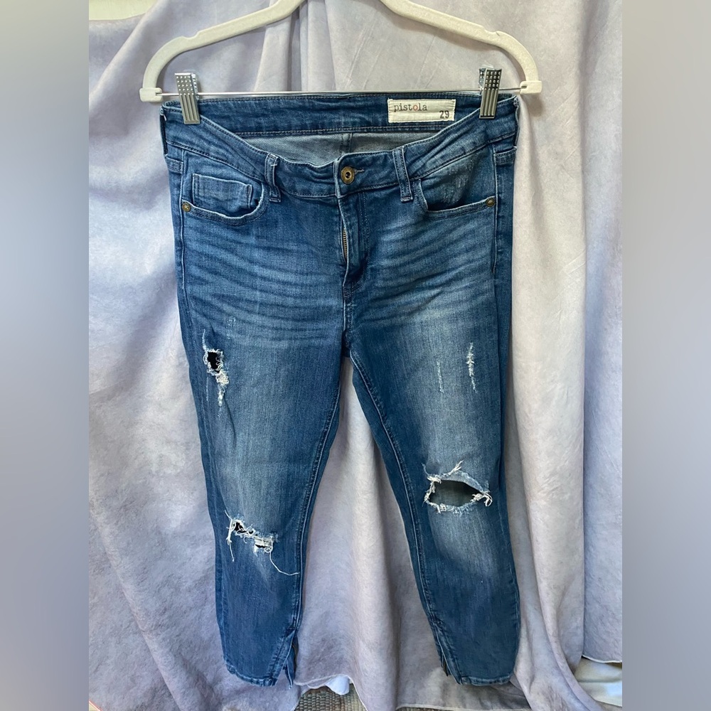 Pistola Women's Blue Distressed Jeans. Ankle Zippers. Size 29